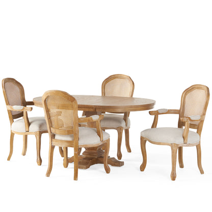 Mariette French Country Wood and Cane 5 Piece Expandable Oval Dining Set