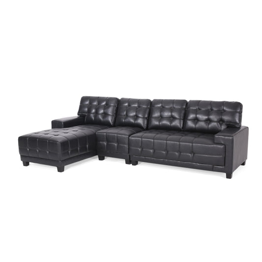 Littell Contemporary Faux Leather Tufted 4 Seater Sofa and Chaise Lounge Sectional Set
