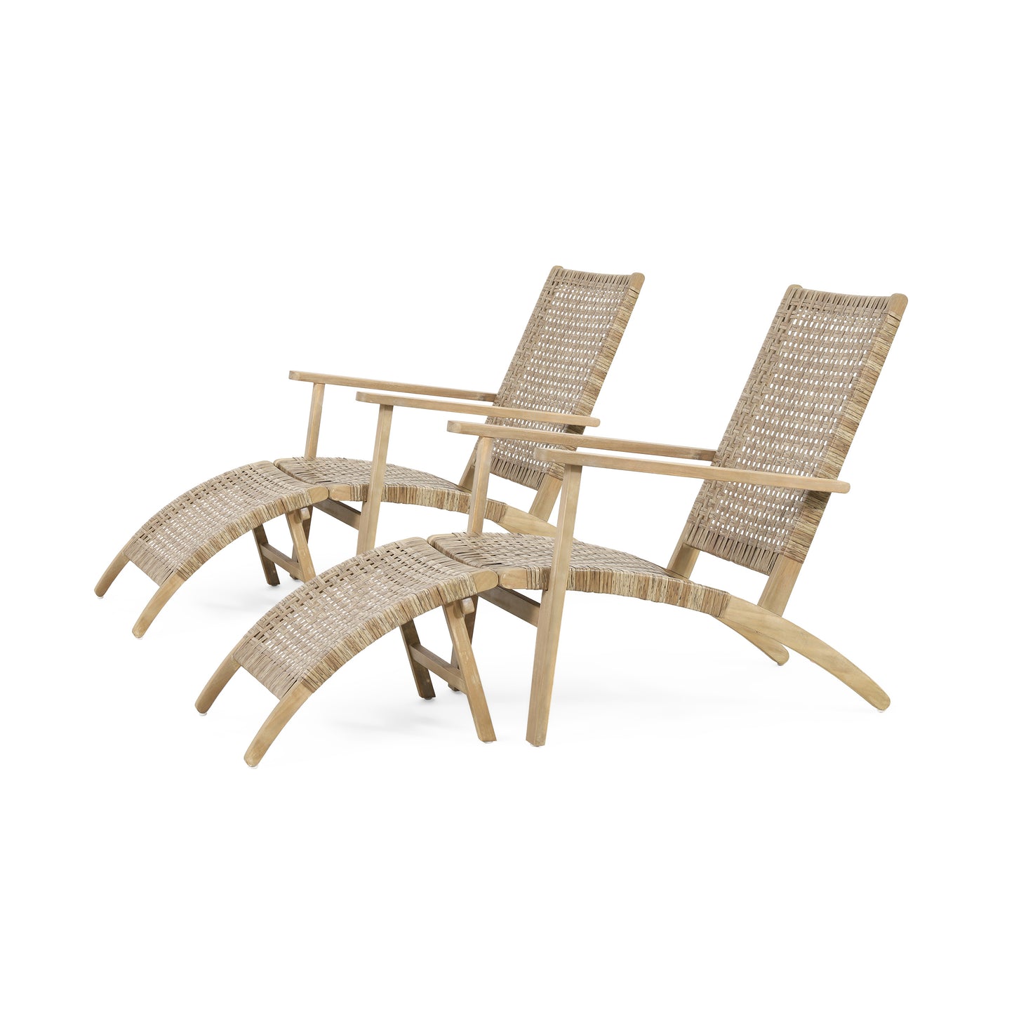 Arlost Outdoor Wicker Lounge Chairs with Ottoman, Set of 2, Light Brown and Light Multibrown