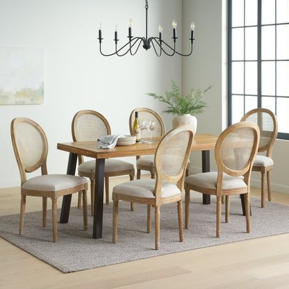 Karlene Farmhouse Fabric Upholstered Wood and Rattan 7 Piece Dining Set, Natural, Rustic Metal, and Beige