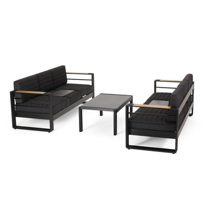 Neffs Outdoor Aluminum 6 Seater Chat Set with Water Resistant Cushions, Black, Natural, and Dark Gray