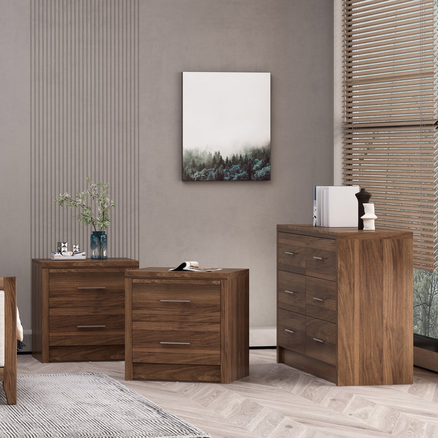 Marlette Modern 3 Piece Double Dresser and Nightstand Bedroom Set