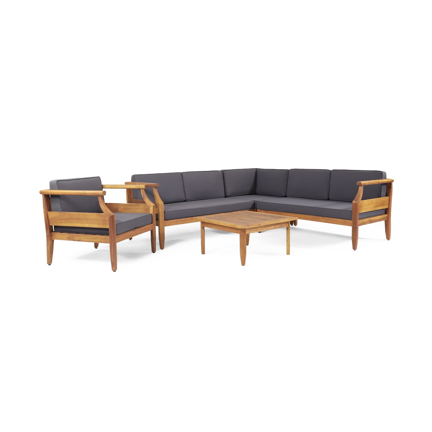 Bianca Outdoor Mid-Century Modern Acacia Wood 5 Seater Sectional Chat Set with Club Chair, Teak and Dark Gray