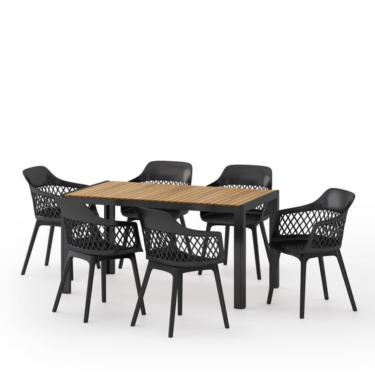 Airyanna Outdoor Wood and Resin 7 Piece Dining Set, Black and Teak