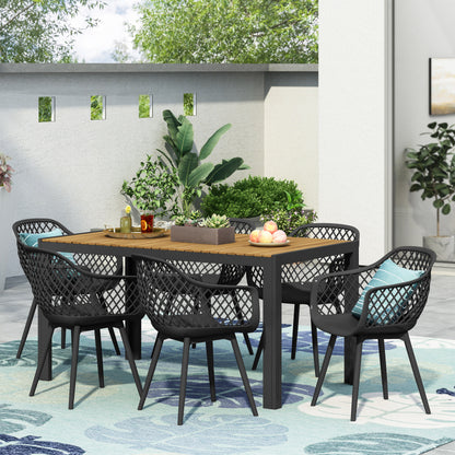 Lorena Outdoor Wood and Resin 7 Piece Dining Set, Black and Teak